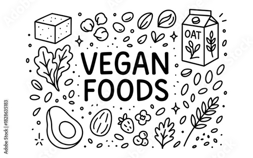 Black and white vegan food icons with oat milk, avocado, and nuts
