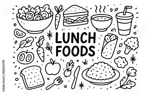 Doodle lunch foods: whimsical black and white line art featuring popular meal items