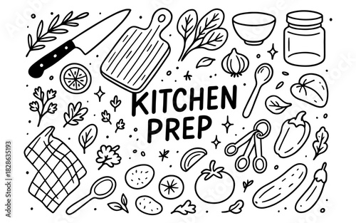 Hand-drawn kitchen essentials and ingredients for cooking enthusiasts