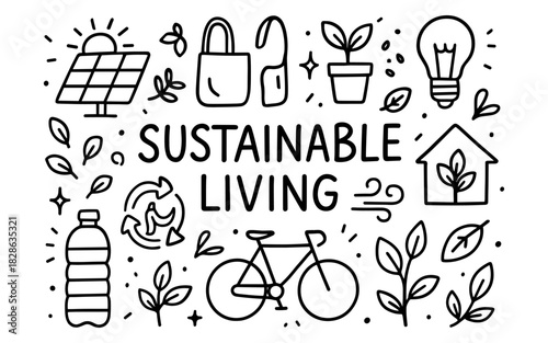 Eco-friendly lifestyle doodle art with cycling and solar energy icons