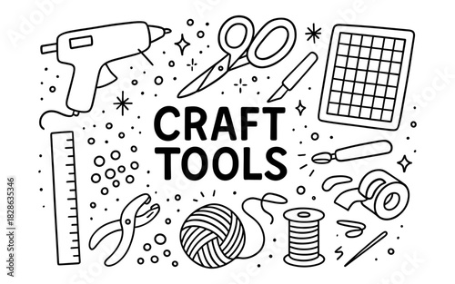 Craft tools doodle set with scissors, yarn, and glue gun in black and white linear style