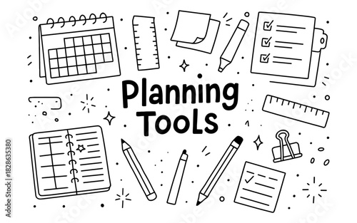 Essential planning tools doodle: notebook, calendar, and office supplies