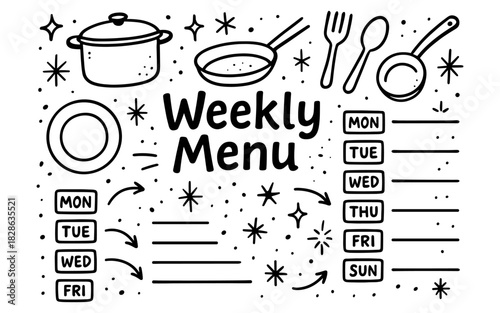Weekly menu planner with hand-drawn kitchen utensils and stars