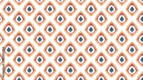 Repeated pattern of teardrop shapes with brown and teal colors on a white background creating a textile design