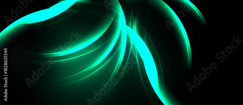 Abstract design features flowing turquoise lines against dark background. Curves create dynamic, energetic visual effect. Smooth gradients enhance depth.
