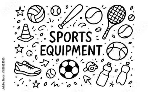 Doodle sports gear: soccer, tennis, baseball, fitness essentials in monochrome