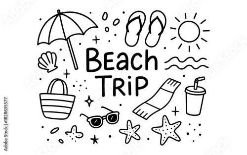 Summer beach vacation doodle with umbrella, flip flops, and starfish