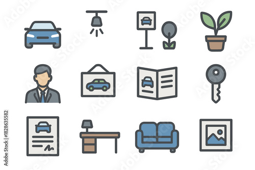 Car icons salesperson showroom icon decor plant display light contract signboard vector