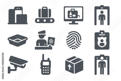 Camera airport gate scanner customs badge tray metal icons vector icon security