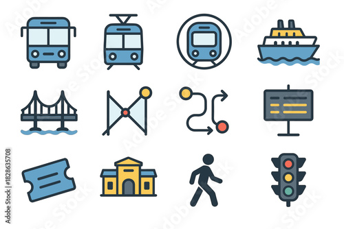 Board network transport arrow schedule bridge tram ferry icons ticket metro vector