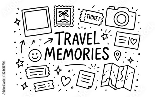 Travel memories icons in doodle style with camera, ticket, and map elements