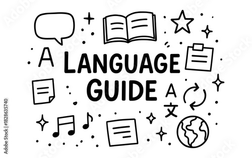 Monochrome language guide elements with icons for communication and learning