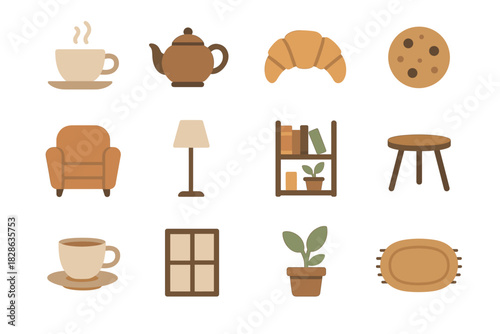 Cookie window icon potted bookshelf vector plant cafe cozy croissant saucer icons