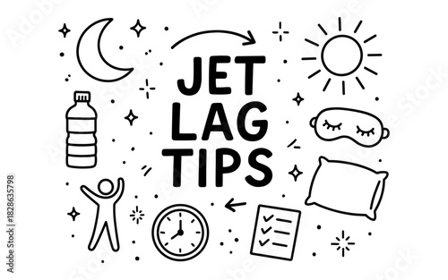 Jet lag tips: sleep, hydration, and relaxation symbols in simple black and white style