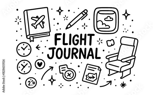 Doodle travel concepts with airplane, seat, and globe elements