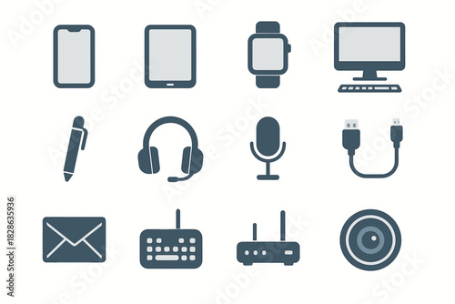 Microphone device messaging tablet charging router icon monitor minimalist desktop pen vector