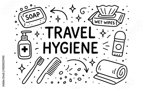 Essential travel hygiene items: soap, wipes, and more in hand-drawn style