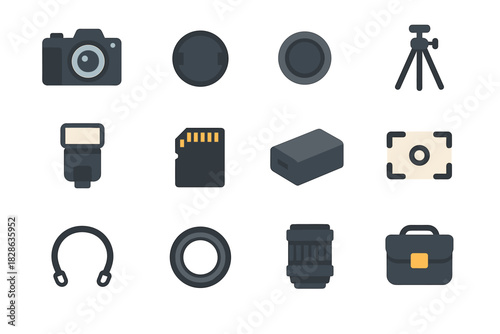 Shutter focus cap zoom button viewfinder icon camera digital set vector card