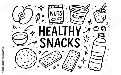 Doodle art of nutritious snacks with fruits, nuts, and berries