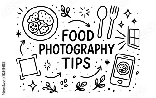 Creative food photography tips with doodle style elements and icons