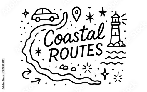 Coastal routes doodle: hand-drawn travel and lighthouse adventure illustration