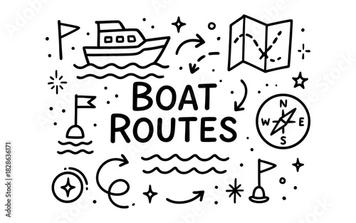 Nautical navigation doodles: map, compass, and boat design in black and white