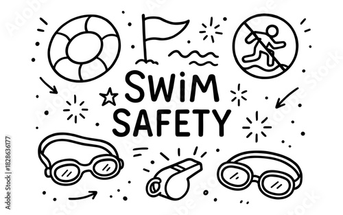 Swim safety symbols and doodles for water awareness