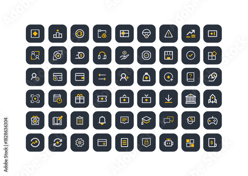 A set of modern, dark-themed square icons featuring various business, finance, and technology symbols on a clean grid layout, ideal for apps or websites.