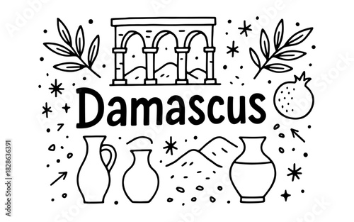 Damascus landmarks in hand drawn doodle style with leaves and pottery