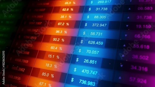 Seamless loop 3D animation of stock market data table with orange and blue highlight bands, currency prices, percentages and arrows on a dark digital screen. Finance dashboard background.