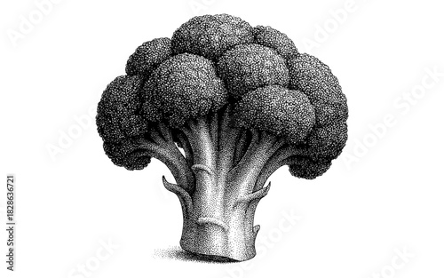 Detailed black and white stippled broccoli art on white background