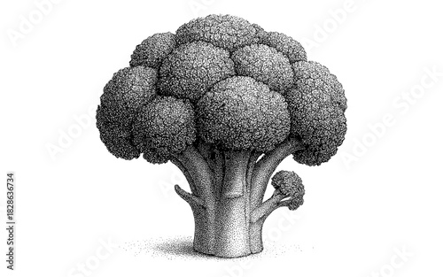 Detailed black and white stipple drawing of broccoli