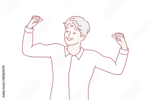 Joyful triumphant celebration, Man exudes pride during trophy presentation achievement, Individual displays confident stance and expressive joy following important milestone success