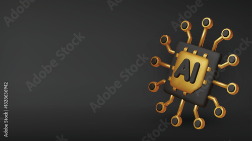 Golden 3D AI microchip symbolizes advanced machine learning, future technology, and powerful computing processors.