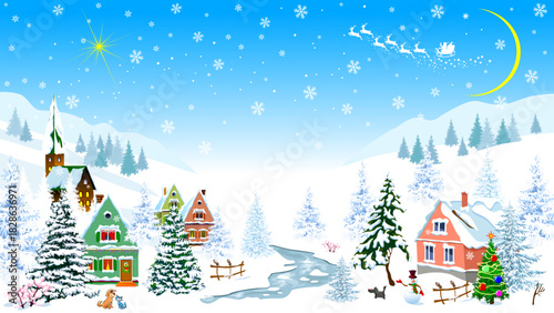 A village on a winter night on Christmas Eve