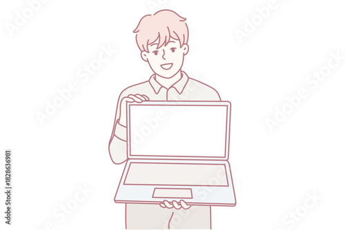Young professional holding laptop screen, neutral studio pose presenting blank display for demo and mockup, confident smile with direct eye contact, ideal for online lesson, tutorial,