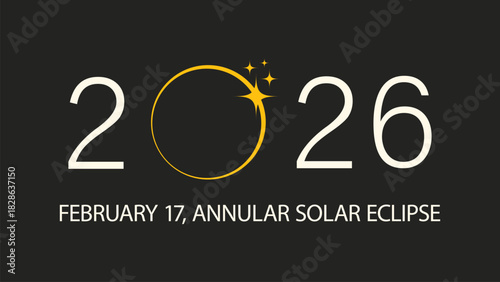 Annular solar eclipse 2026 banner template with information text and sun appears as ring of fire. Horizontal card, typography design. Modern simple flat vector illustration on dark gray background