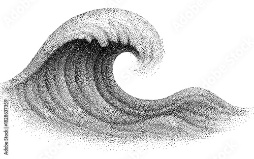 Stippled ocean wave ink drawing on white background