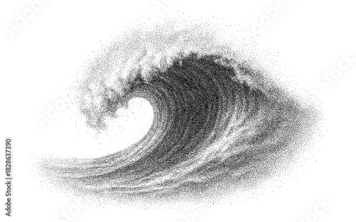 Intricate stippled wave in motion captures ocean power with timeless artistry