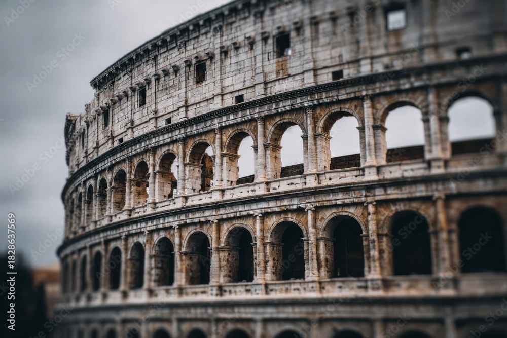 Fototapeta premium Ancient stone amphitheater with arches against a cloudy sky.