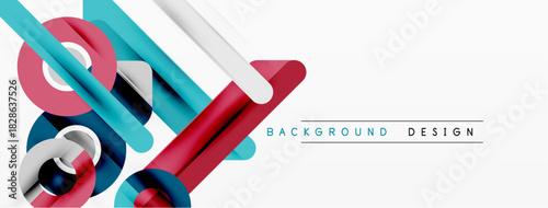 Abstract geometric shapes overlap, creating dynamic composition. White background emphasizes vibrant red, blue, silver elements. Modern design.