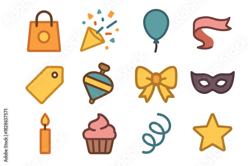 Gift icons bow ribbon candle tag cupcake bag icon toy favors party