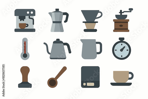 Pot timer grinder equipment moka icon kettle thermometer vector jug coffee scale
