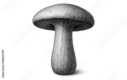 Detailed black and white stippled mushroom drawing on white background
