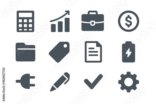 Tag checkmark gear folder battery icon vector calculator briefcase chart business set