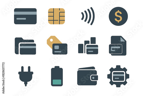 Icon bank vector dollar wallet chart set payment card symbol document contactless