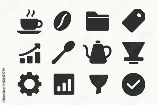 Bean kettle chart saucer cup filter icon vector checkmark set tag espresso