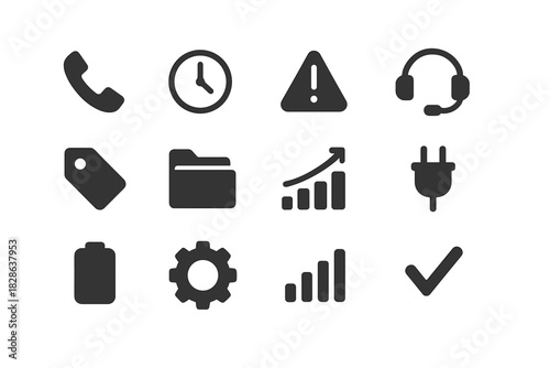 Signal alert tag headset checkmark vector icon gear battery service clock hotline