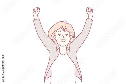 Female celebrating achievement, Woman exuding triumphant confidence, Female entrepreneur expressing joy and success, Successful woman commemorating career advancement with enthusiasm