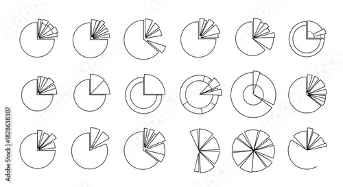 Set of line art pie charts and donut graphs with varying segments and exploded views, ideal for data representation and infographics.